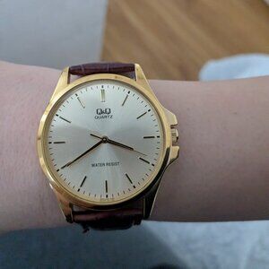 Q&Q by Citizen Men’s Classic Gold-Tone Dress Watch with Brown Croc-Embossed leat